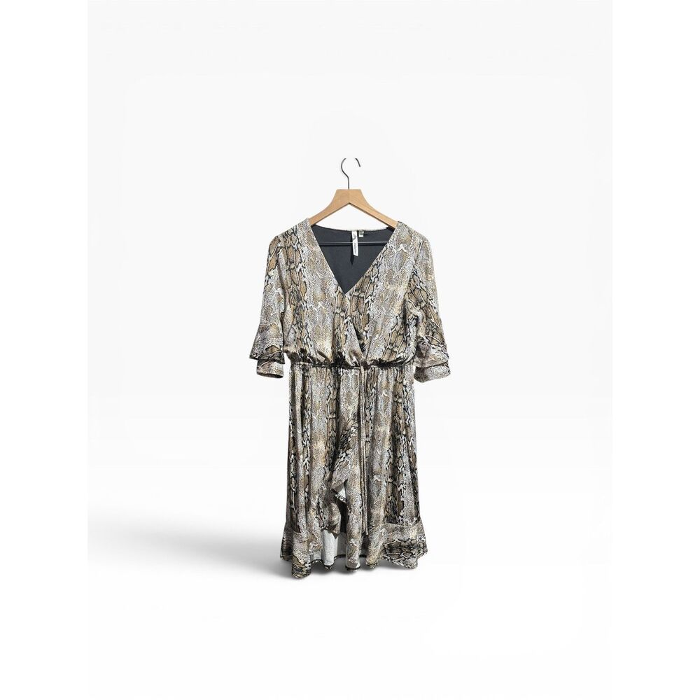 NY Collection Snakeskin Print Faux Wrap Dress Medium Bell Sleeve Stretchy Flowy